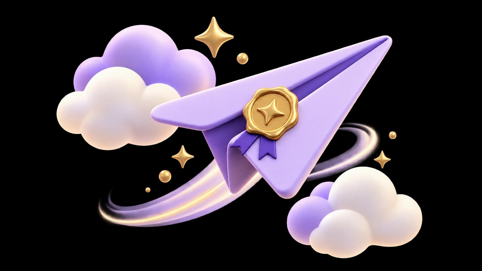 The Airmail Capsule — streamlined lavender paper airplane with gold star wax seal gliding through clouds