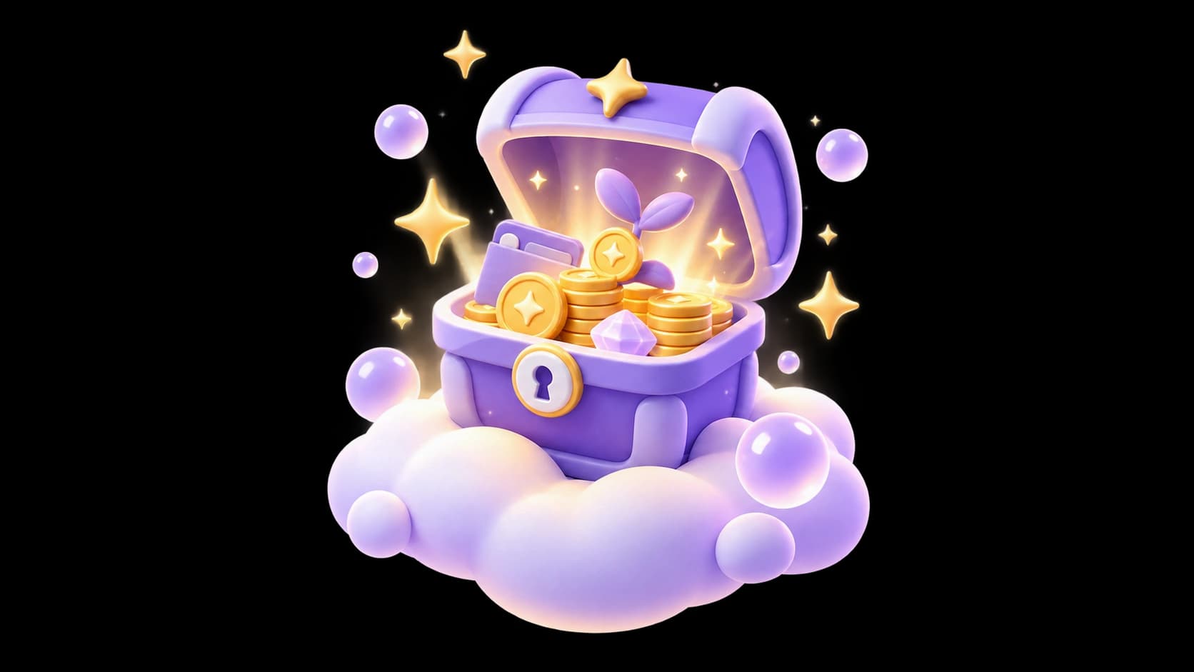 The Peaceful Treasury Sanctuary — open Kaban chest on soft cloud with warm golden starlight