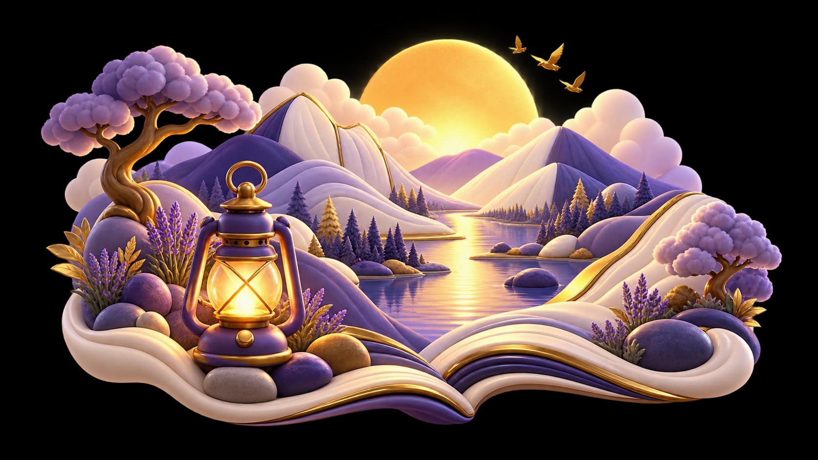 Peace of Mind Ledger Landscape — 3D sunrise over stylized hills shaped like open ledger books with vintage lantern