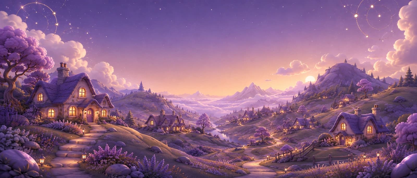 Community Stories Constellation — floating glass bubbles containing golden stars and hearts